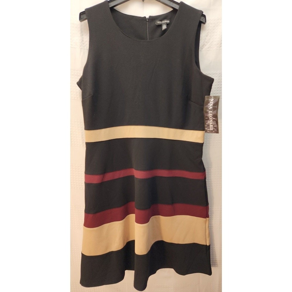 Nina Leonard Dress Womens Blk XL Colorblock Midi Pockets Crew Neck Sleeveless